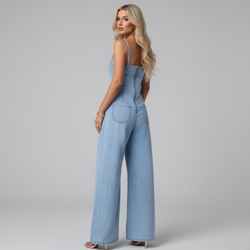Light Wash Denim Jumpsuit Wide Leg Corset Bodice Sweetheart Neck - Picture 7 of 11